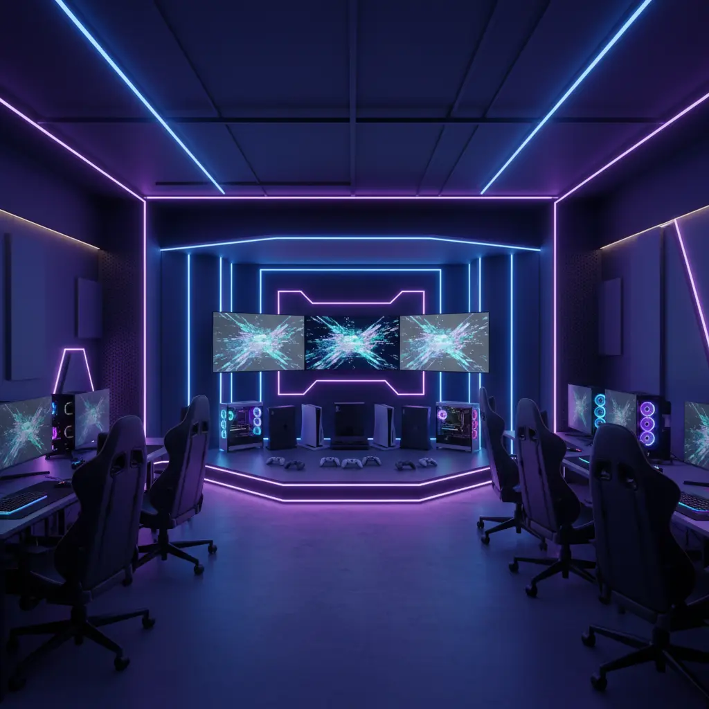 Esports lounge stage and screens