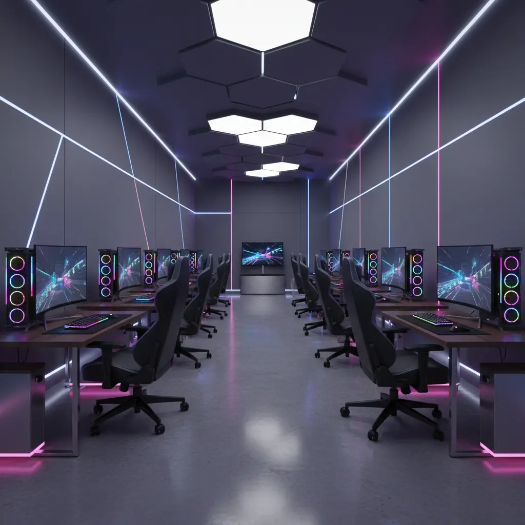 Modern gaming lounge interior with RGB-lit PCs and consoles